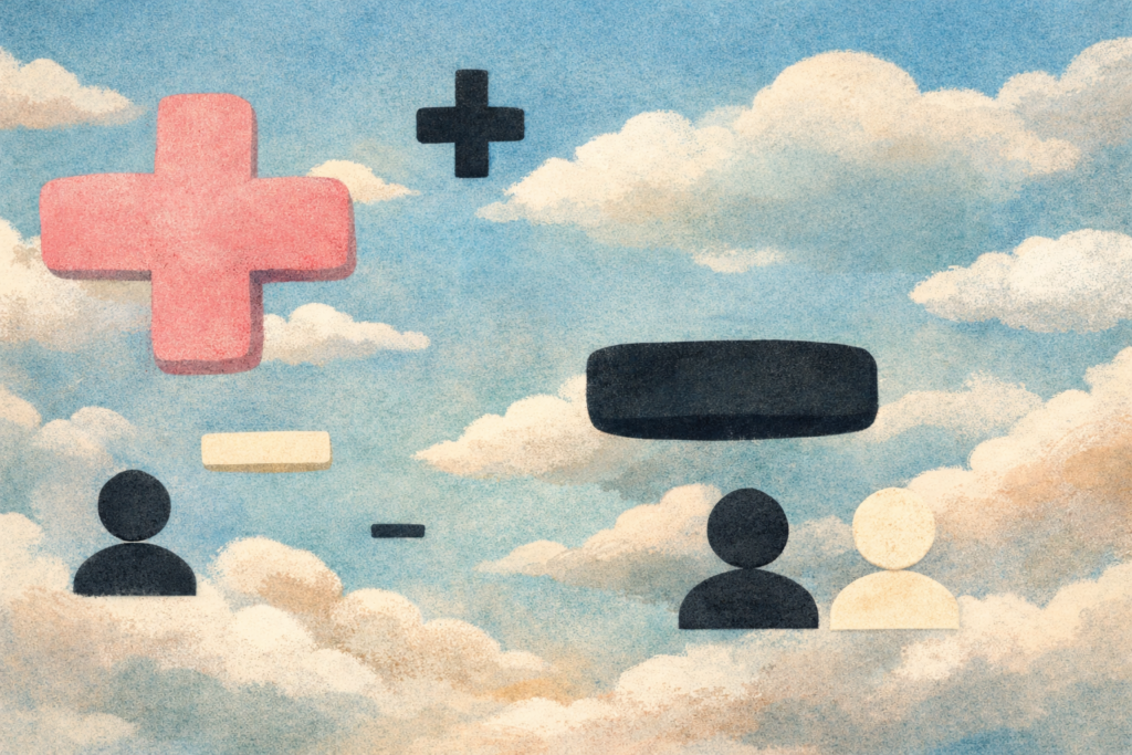 Playful abstract symbols and player icons suspended in a calm, cloud-filled sky with paper grain texture.